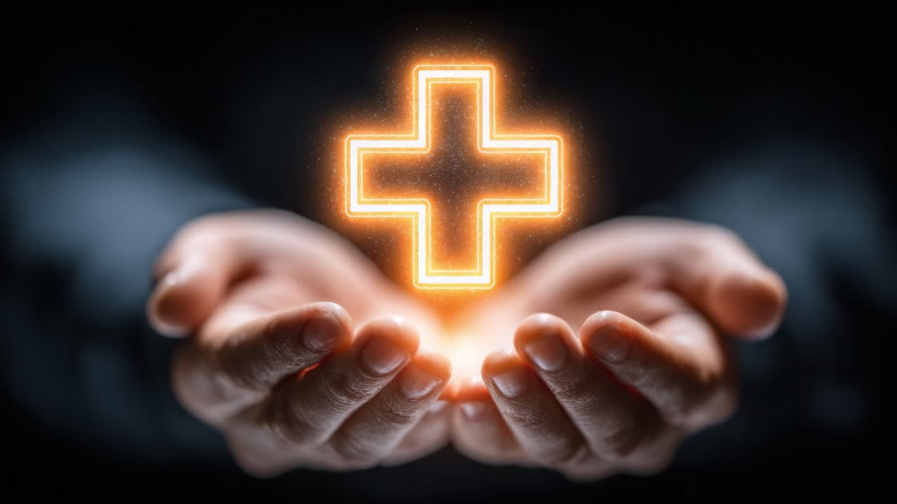 Two Frames of Compassion: A Glimpse into Healing Hands Offering Care with a Glowing Medical Cross Symbol, Resonating Hope and Wellness in a Dark Surrounding