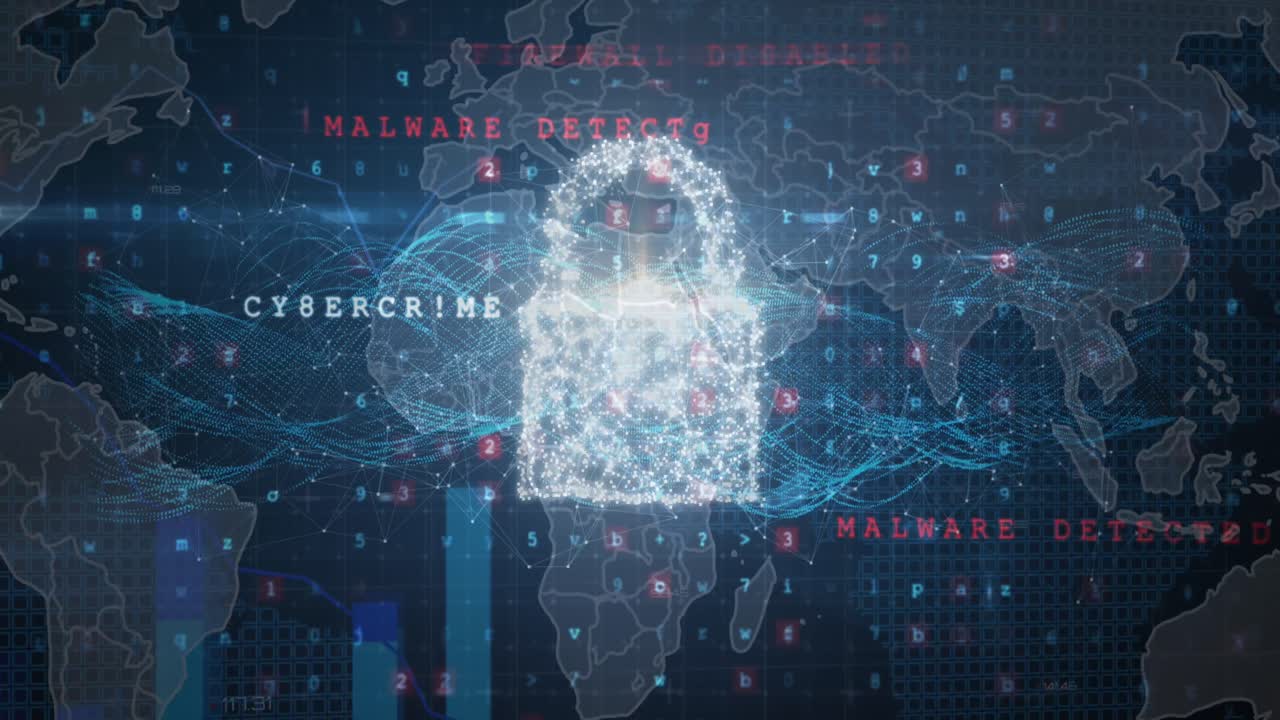 animación de iconos de conceptos de seguridad cibernética y procesamiento de datos sobre una pantalla futurista que toca con la mano