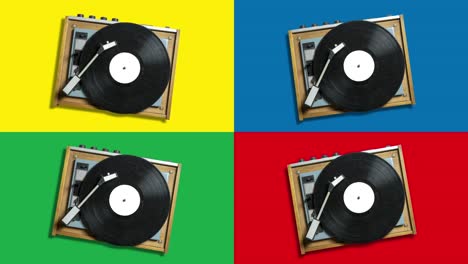 retro turntables with plates on a multicolor background. music concept seamless loop animation