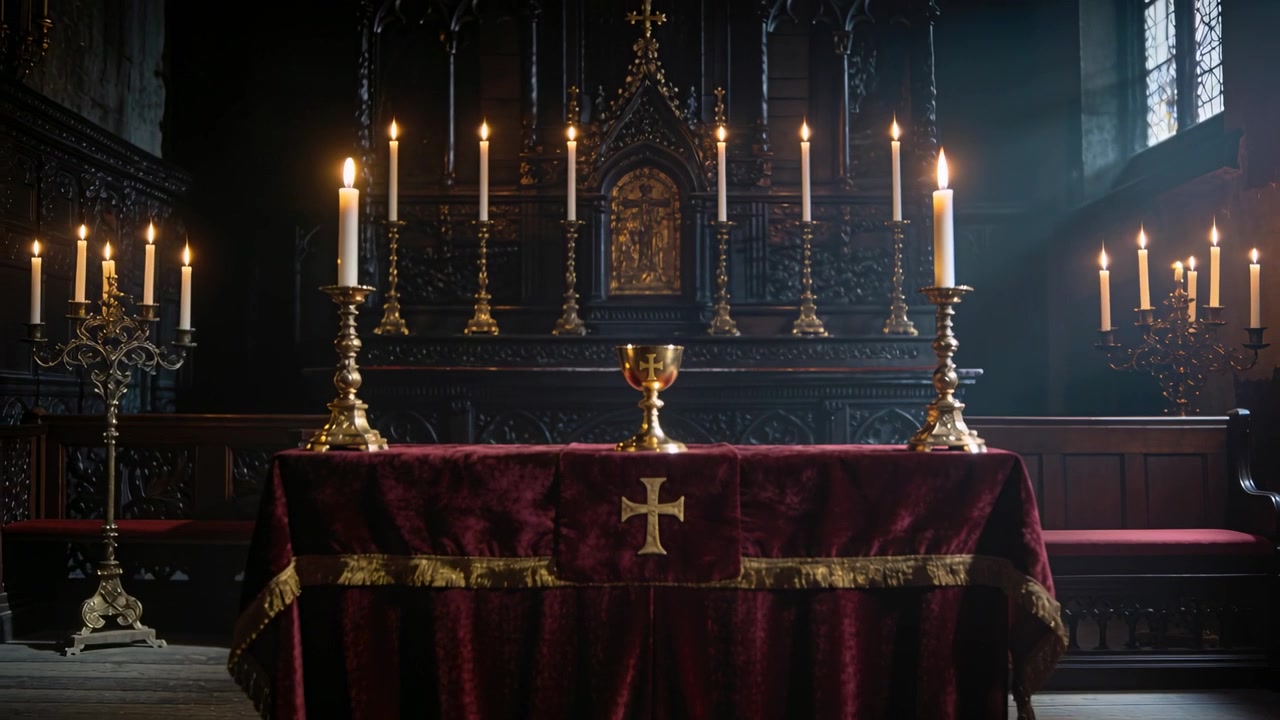 Die Kamera zoomt heraus und enthüllt den Altartisch im Kirchenchorraum, wobei ein goldener Kelch und brennende Kerzen sichtbar werden.
