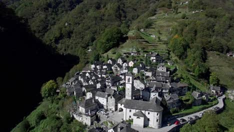 aerial view of medieval town village of corippo in the mountains, small mountain village in ticino corippo, verzasca valley, switzerland