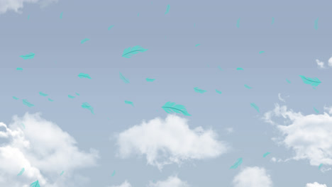 animation of blue bird feathers falling over cloudy blue sky