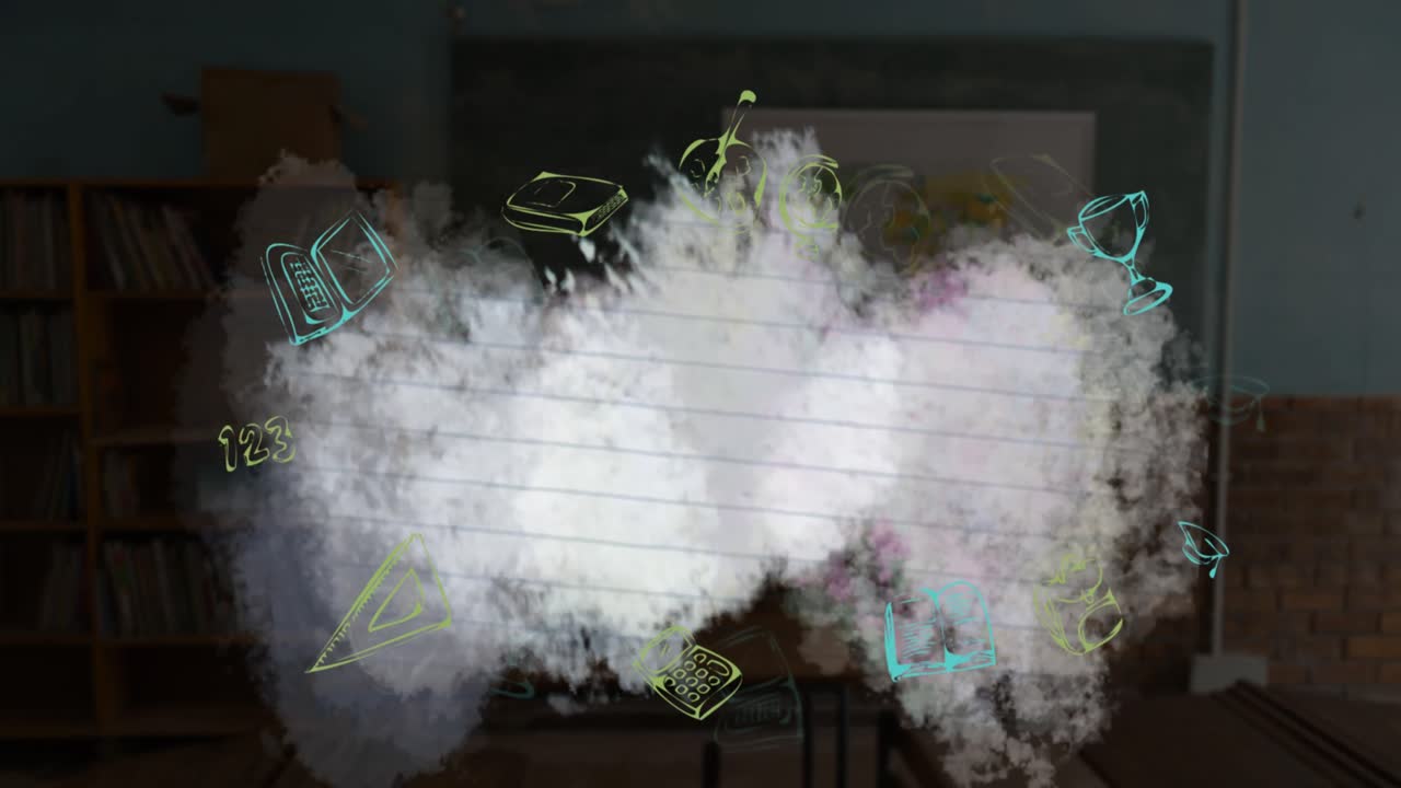 교실  ⁇ 에  ⁇ 색 줄로 된 종이 위에 있는 학교 개념 아이콘