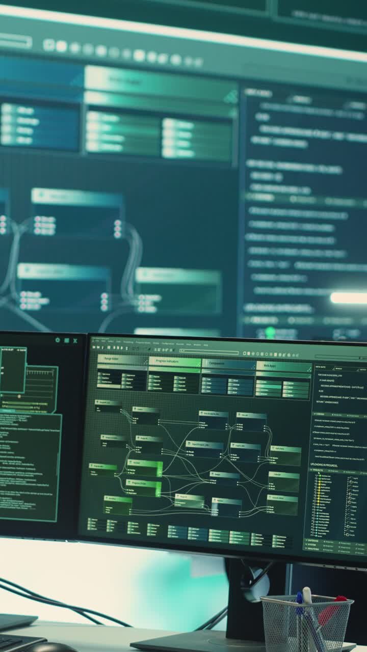 Multiple Computer Monitors Displaying Code and Data
