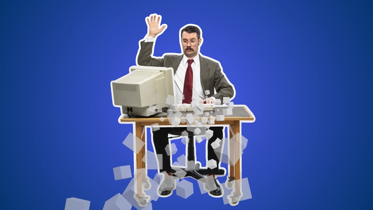 컴퓨터 키보드에서 텍스트를 입력하는 재미있는 남자, 인터넷을 사용하여 편지를 쓰는 프리랜서 또는 사무실 직원, 루프 애니메이션, 4k 스 모션 디자인, 2d 애니메이션, 비즈니스, 스 및 홍수 개념