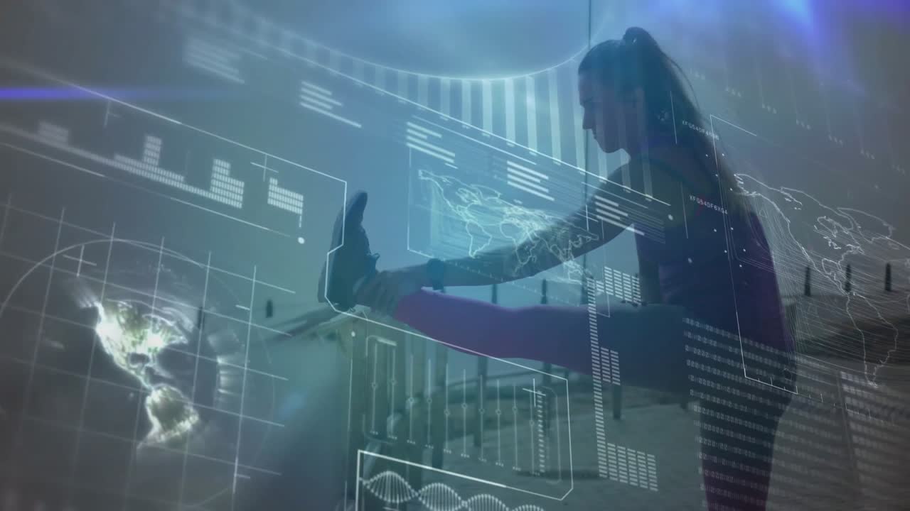 Fitness athlete lifting foot onto radiator pipe upon holographic interface appearing stretching leg