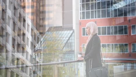 animation of asian woman in hijab using smartwatch over cityscape