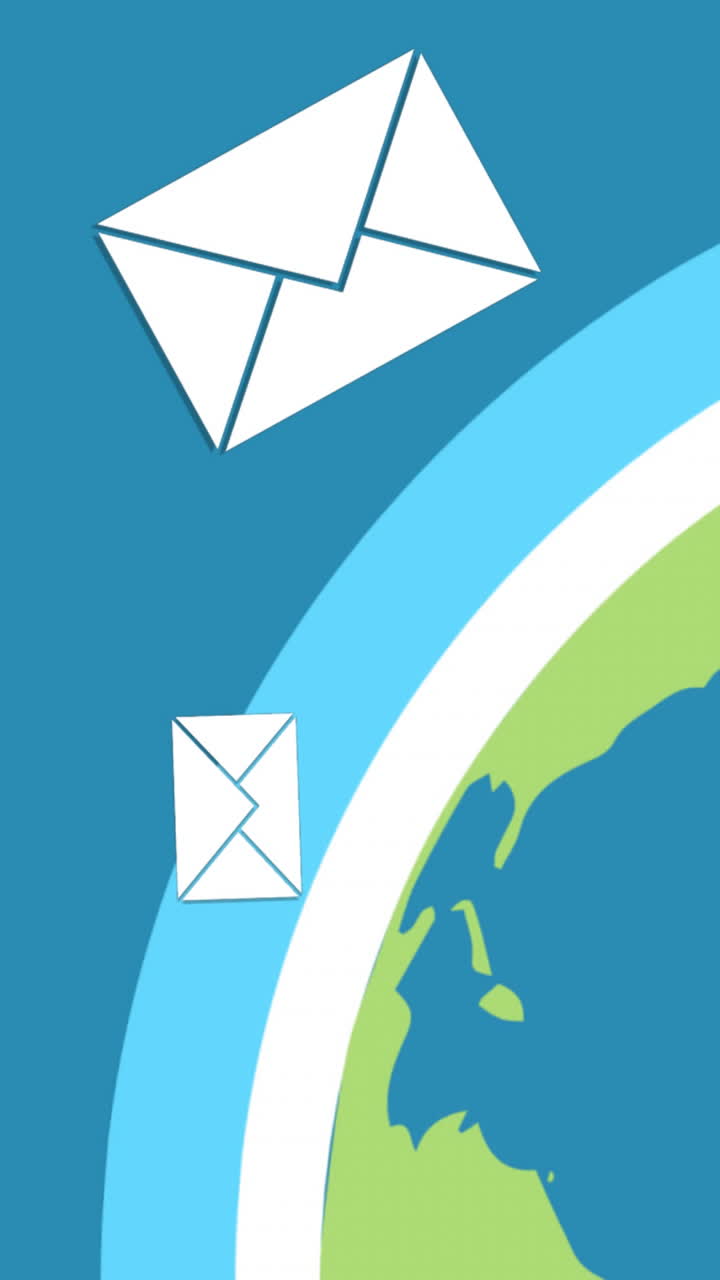 animación de correos electrónicos flotando sobre el globo sobre un fondo azul