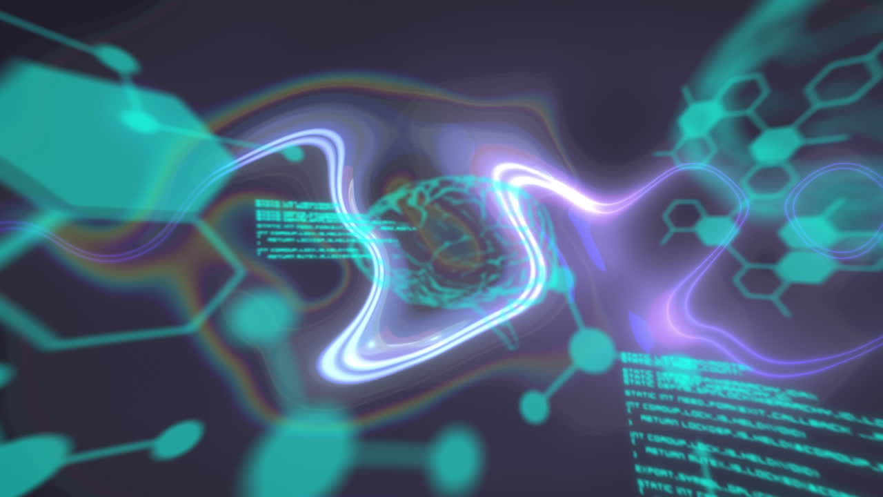 파란색 배경에 노란색과 파란색 빛을 통해 데이터 처리의 애니메이션