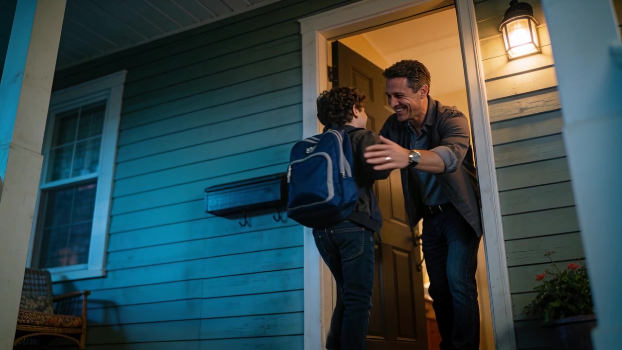 Niño en edad escolar caminando de regreso a casa, su padre abriendo la puerta, ajustándose la mochila azul y guiándolo hacia adentro.