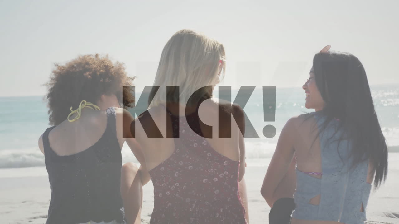 Three women sitting on beach, with animated heart icons, flower icon and health data charts