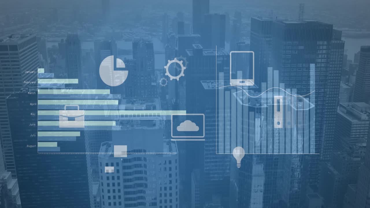 animación del procesamiento de datos financieros sobre el paisaje urbano