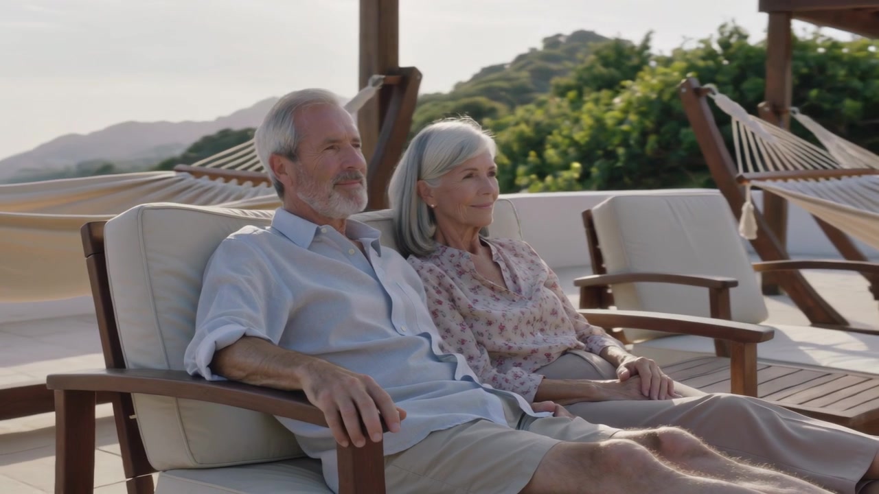 Panorámica de una pareja de ancianos con ropa informal admirando la vista al mar desde un cómodo sillón en la terraza.
