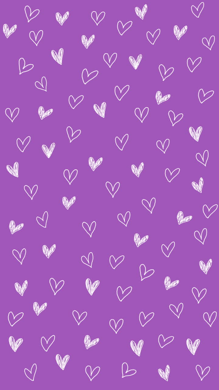 Romantic loop animation pattern with heart shapes in doodle style. Cute hand drawn coquette flirty love symbols on purple background. Vertical video.