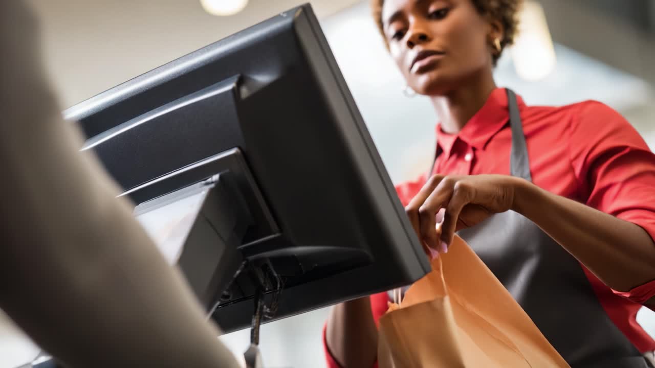 A focused employee processes a customer's order at the checkout counter, showcasing both dedication and professionalism within a retail environment