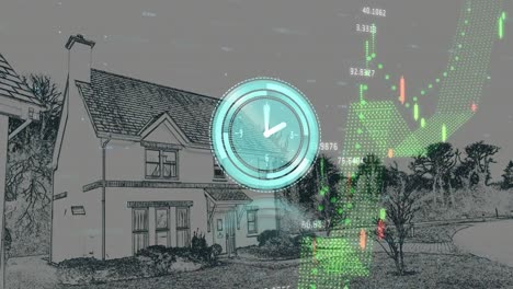 animación de reloj que se mueve rápido y estadísticas con procesamiento de datos sobre el paisaje urbano