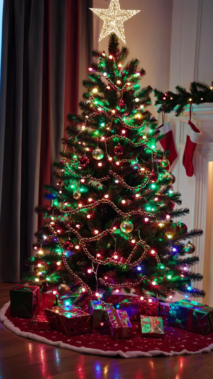 Festive Christmas tree adorned with colorful lights and ornaments, shot from a low angle, perfect