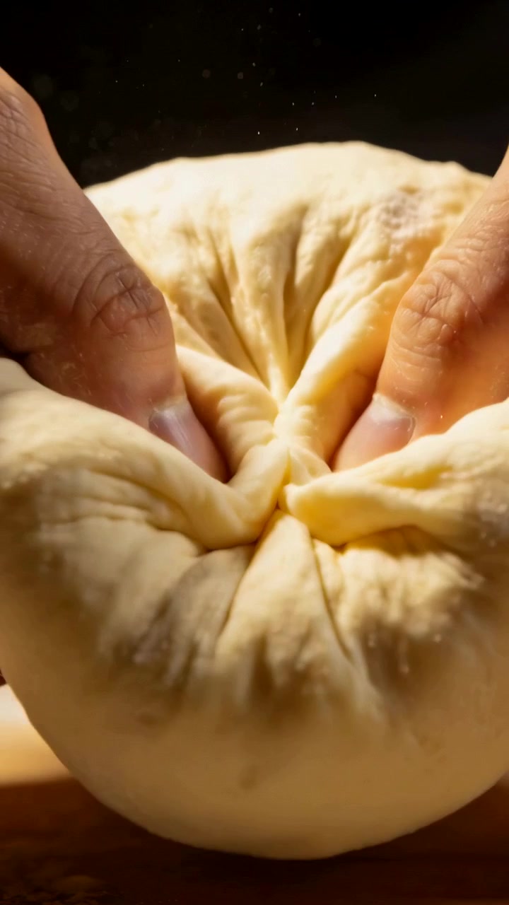 Vertical video: Pressing center, hands forming pleats on dough in kitchen on wood board to seal top