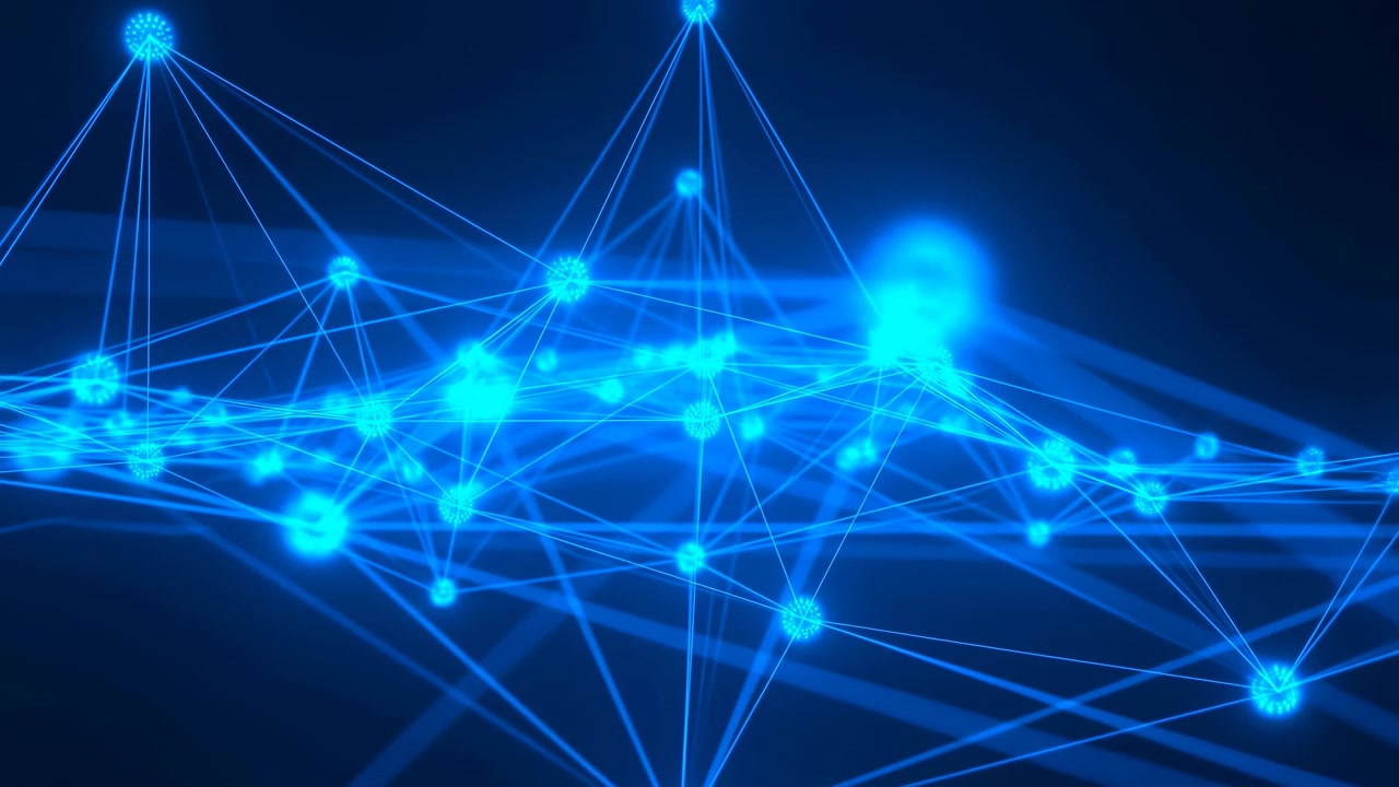 Glowing Blue Nodes Form Network Grid, Data Visualization For Tech Presentations, Interconnected Lines