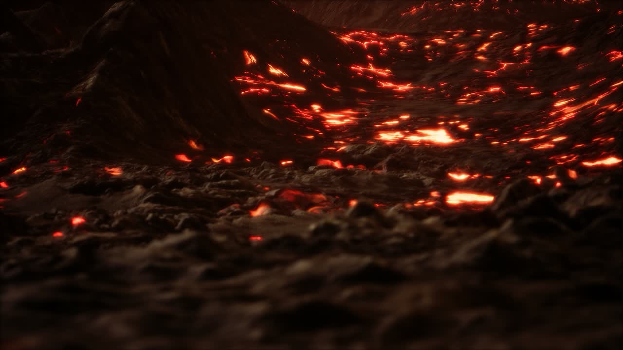 lava fundida roja y vibrante que fluye sobre un campo de lava gris y una tierra rocosa brillante