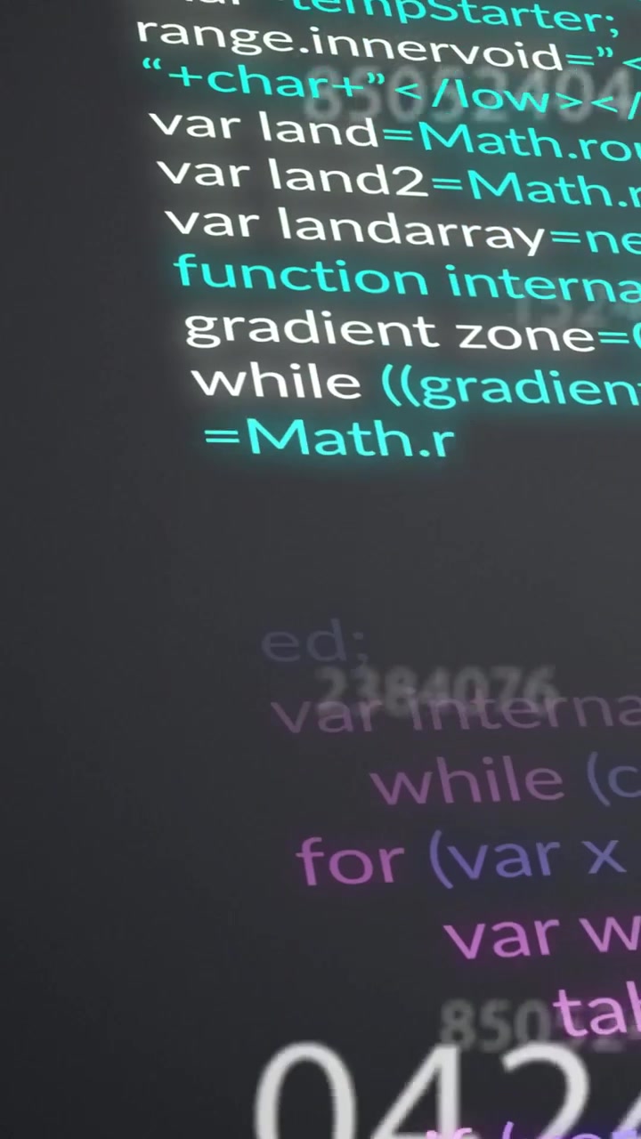 Vertical video: Camera pan revealing code on dark screen with white numbers shifting for debugging