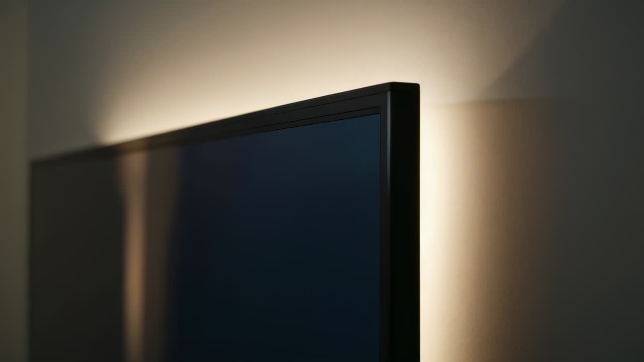 Telecamera che si sposta leggermente, angolo TV che rivela una cornice sottile e proietta un alone LED caldo per il marketing