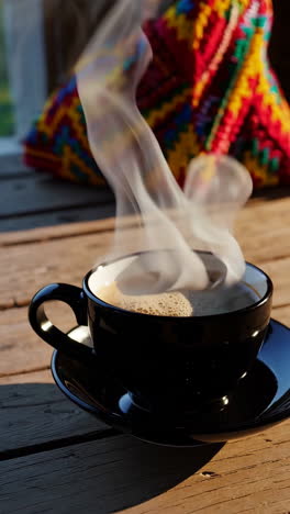 hot coffee on a wooden table