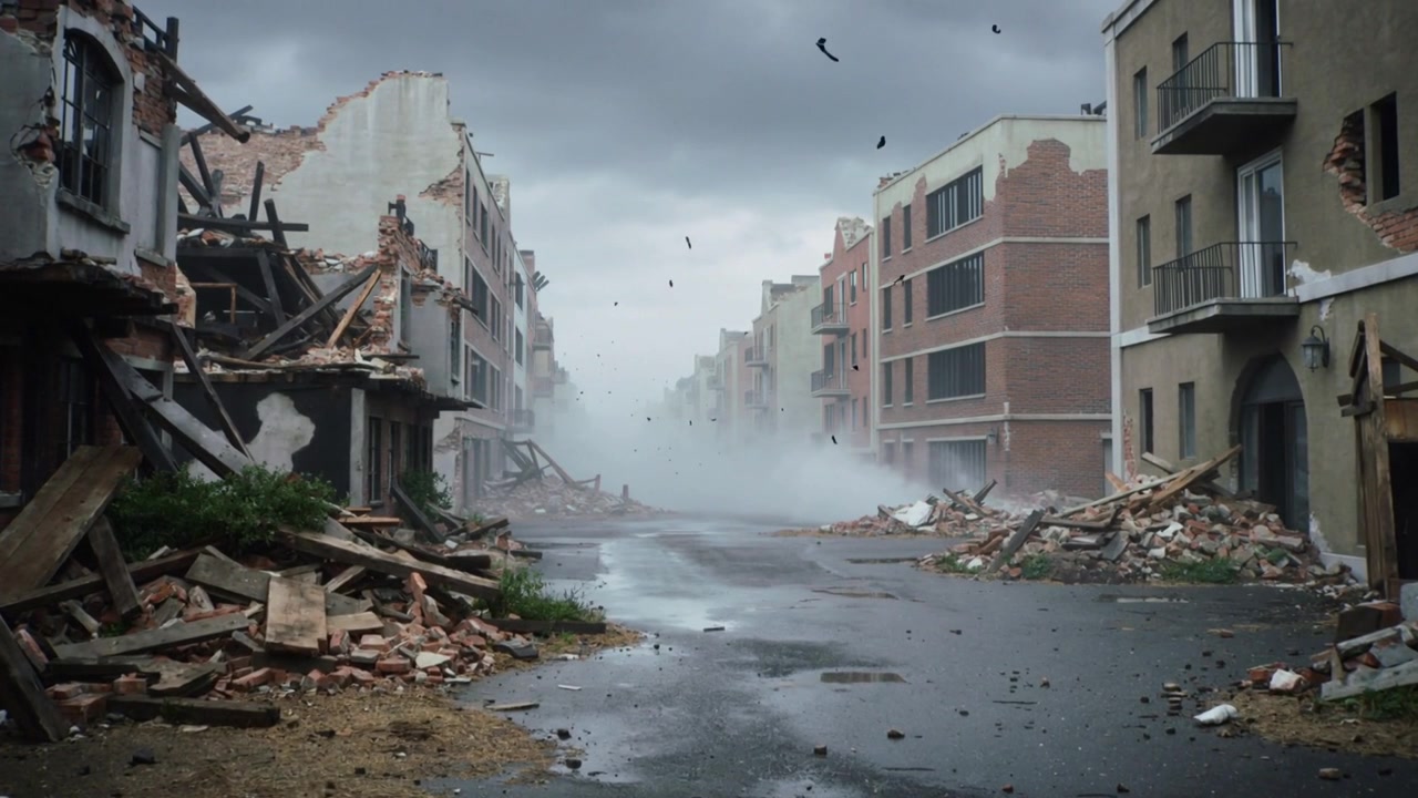 Oleada de polvo que avanza desde el extremo lejano, moviéndose por una calle central en ruinas en un bloque urbano, cubriendo escombros.