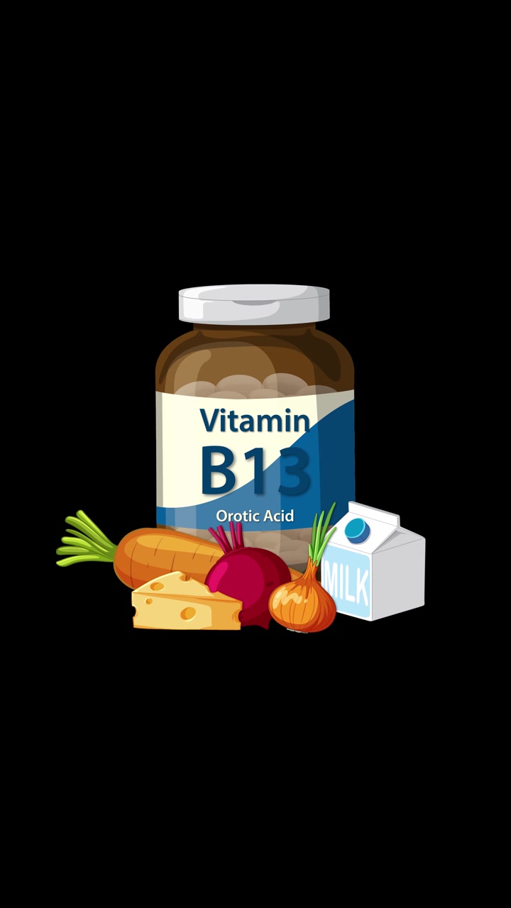 Vitamin B13 bottle appears with carrot, beet, onion, cheese, and milk on black background