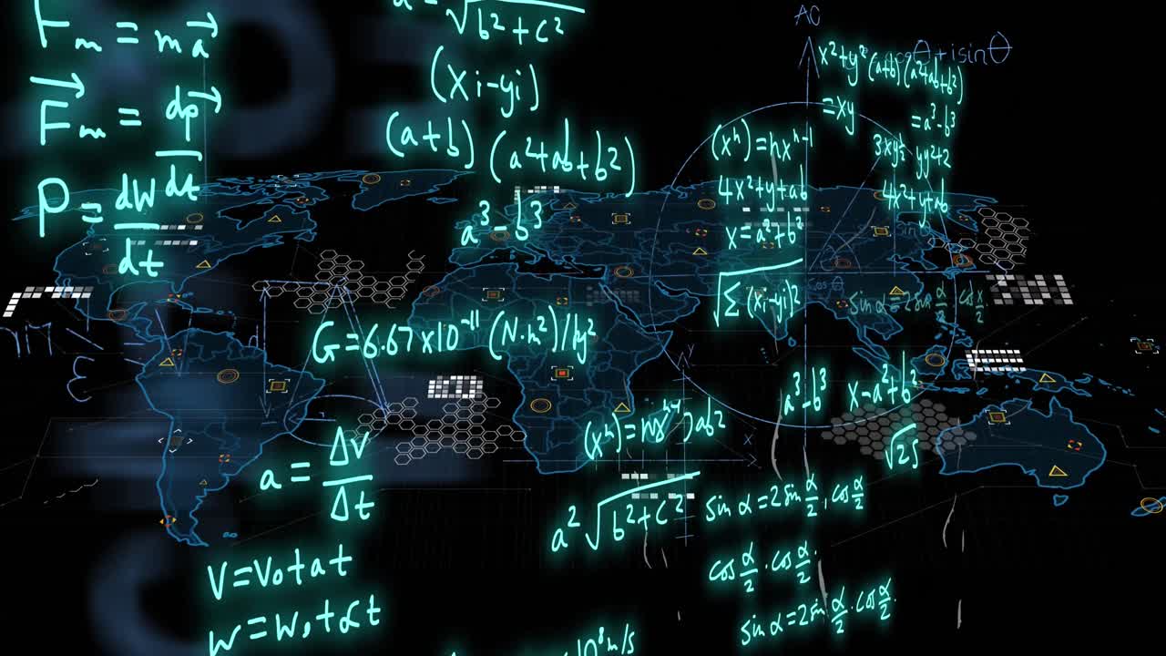 검은 바탕 위에 수학적 공식과 과학적 데이터 처리의 애니메이션