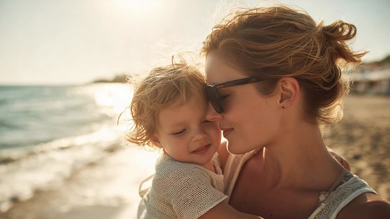 Mutter und Kind genießen einen sonnigen Tag am Strand