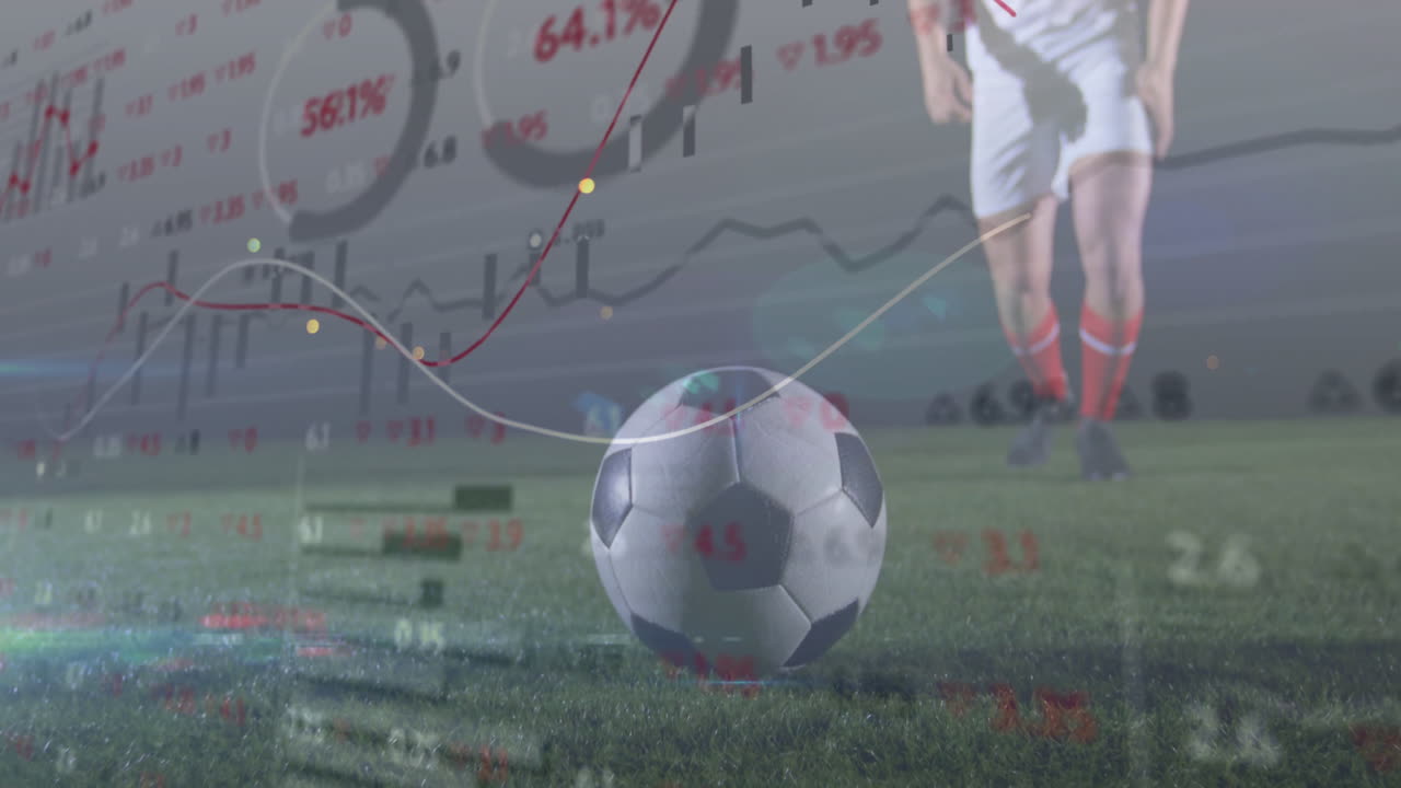 Soccer ball on field with financial data and graphs overlay animation