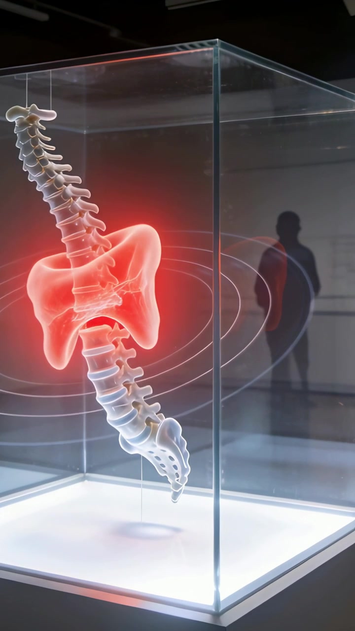 Vertical video: Pulsing red glow causing spine forming pelvic halo inside glass cube, with viewer
