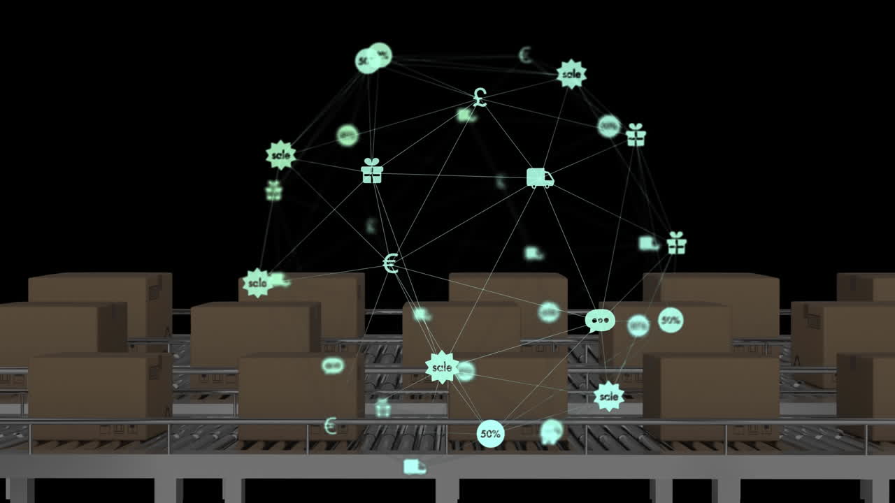 animación de iconos de medios sobre cajas en la cinta transportadora