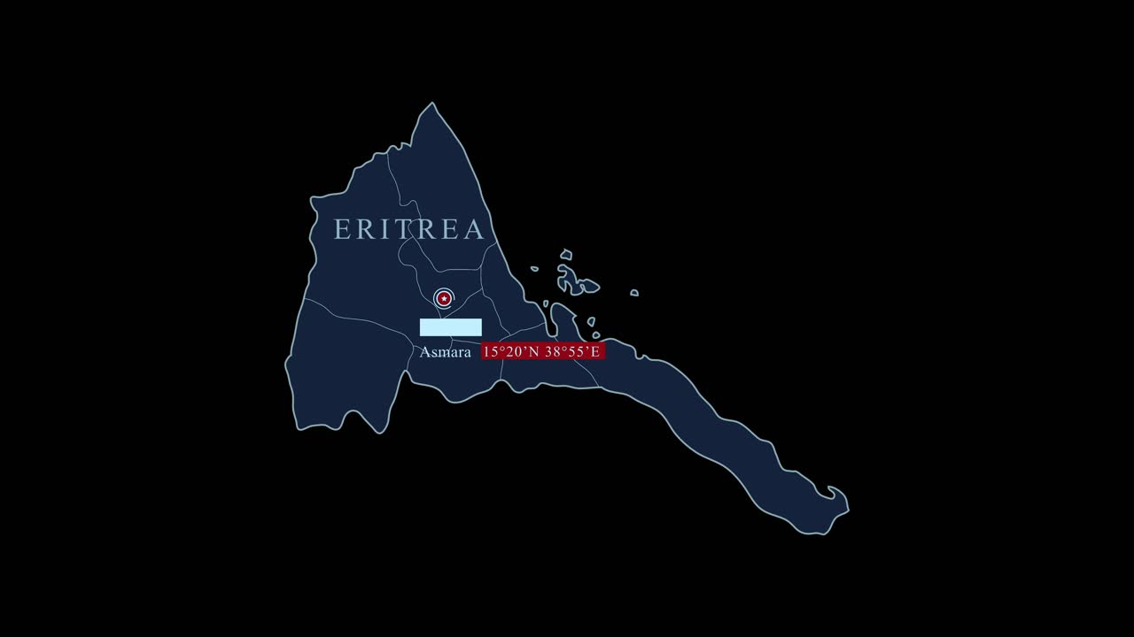 에리트레아 파란색 지도, 수도 아스마라와 지리적 좌표가 검은색 바탕에