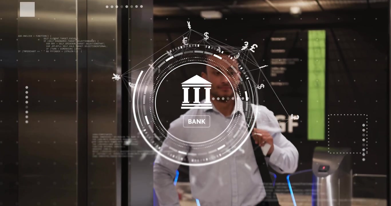Bank customer placing ID card against reader and activating circular HUD icons for secure access