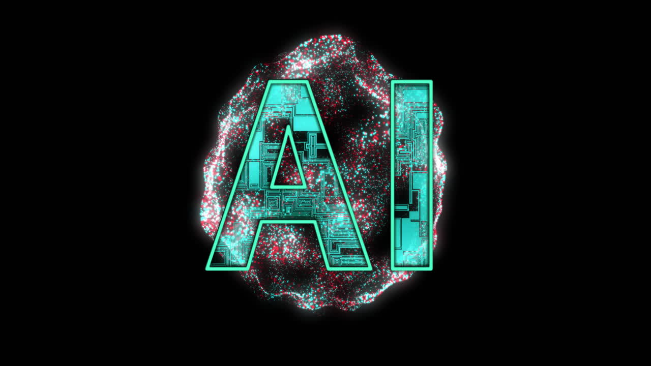 Animation of ai text and data processing over black background