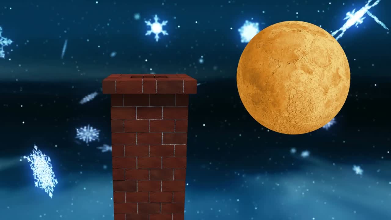 Animazione di un paesaggio natalizio invernale con camino, neve che cade e luna