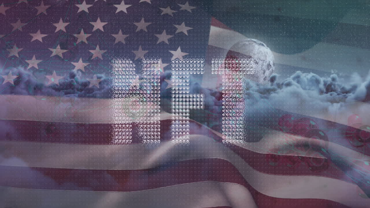NFT animation over American flag with digital and cloud elements in background