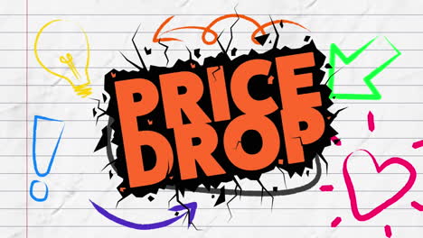 animation of orange text price drop, over colourful doodles on lined notebook page