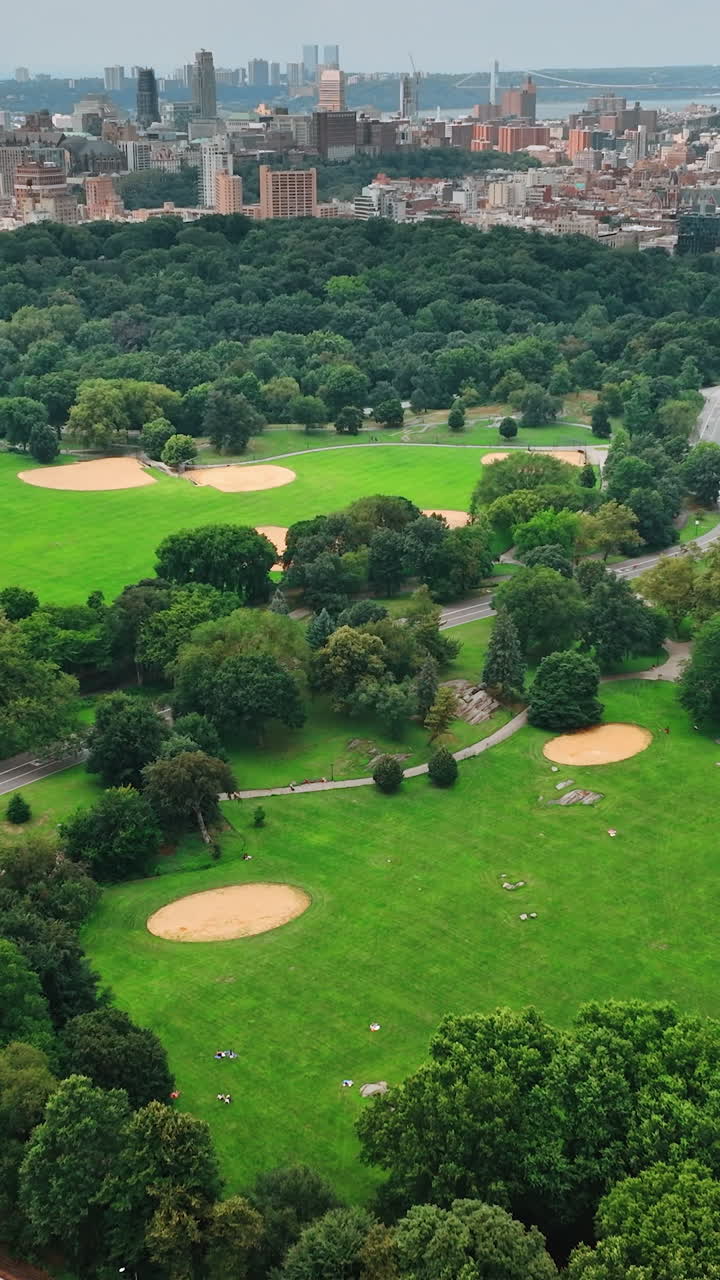 Amazing green zone area in the metropolis. Beautiful park in the surrounding of dense architecture. Top view. Vertical video