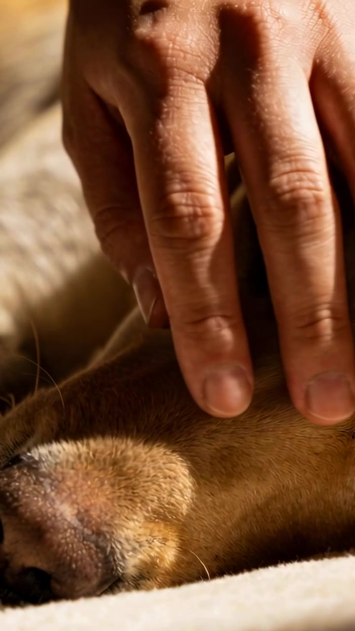 Video verticale: Una mano umana accarezza il muso di un cane marrone su un letto, premendo e poi pizzicando l'orecchio per calmarlo.