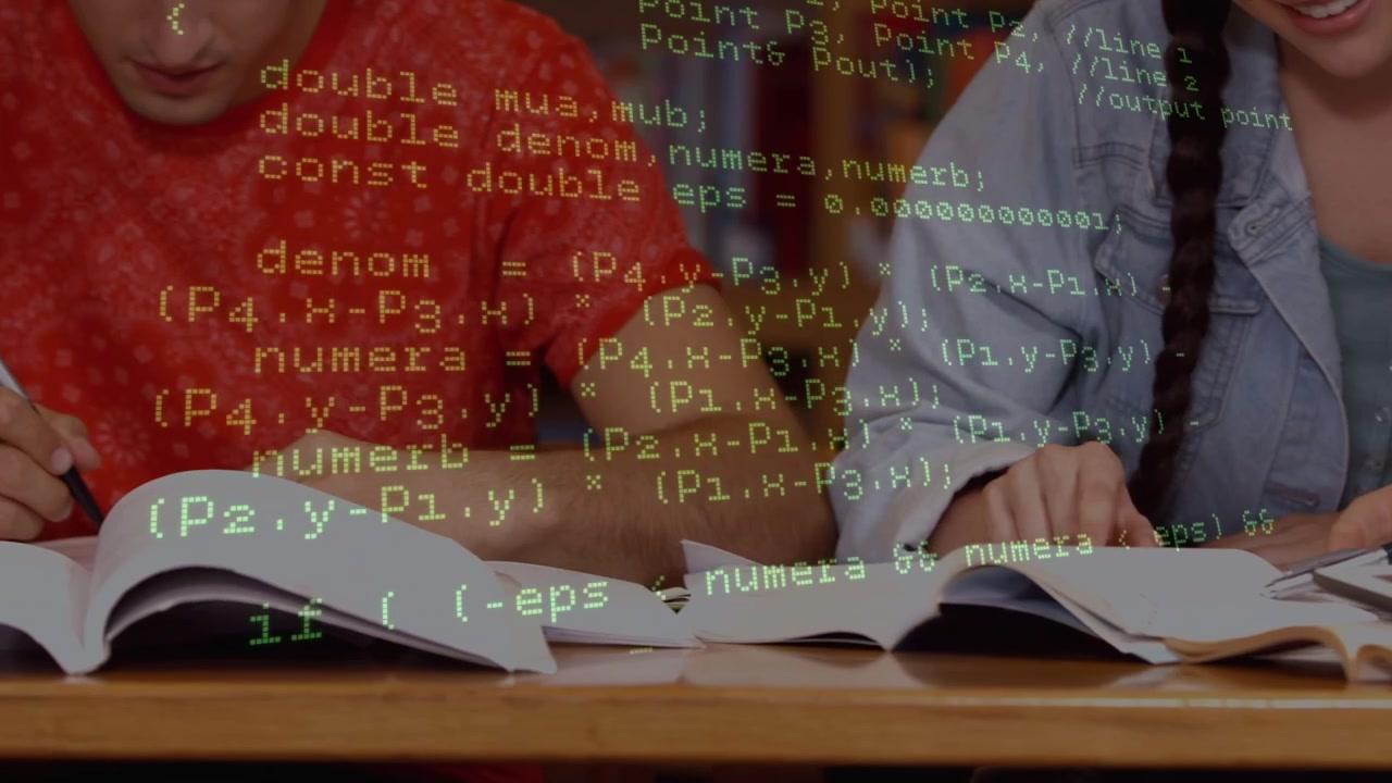 Animation of digital data processing over couple of caucasian students