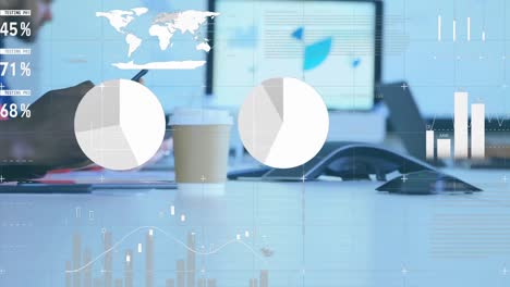 animation of statistical data processing against mid section of man using smartphone at office