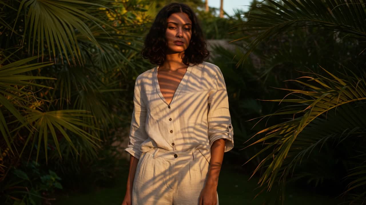 A Stunning Portrait of a Woman Surrounded by Lush Tropical Foliage, Captured in the Soft Glow of Sunset Light Radiating Through Shadows and Greenery