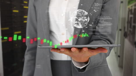 animation of spinning globe and data processing over mid section of businessman using a tablet