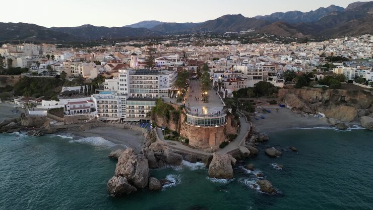Nerja Balcon de Europa in Malaga, Costa del Sol, Andalusia, Spain - Aerial 4k Tilting Down