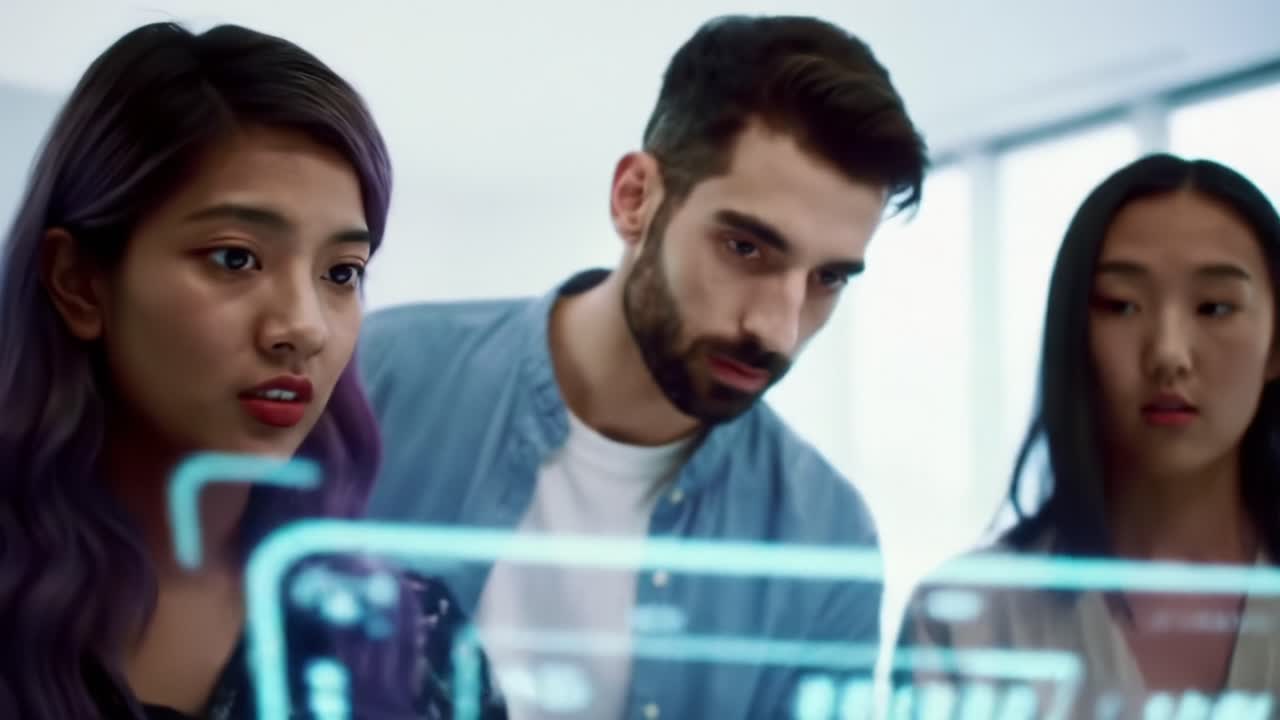 Innovative Learning: A Group of Young Professionals Collaborating on Interactive Technology Displays to Enhance Learning and Engagement in a Modern Workspace Environment