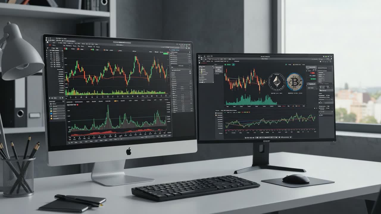 Analyzing Cryptocurrency Trends: A Detailed Look at Bitcoin and Ethereum Price Movements on Dual Monitors in a Modern Workspace