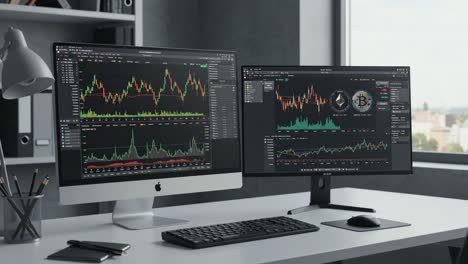 analyzing cryptocurrency trends: a detailed look at bitcoin and ethereum price movements on dual monitors in a modern workspace